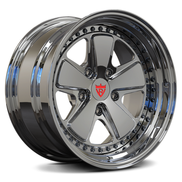 Custom forged 5 spoke wheels in chrome finish for Porsche 911, showcasing deep dish design and high-quality craftsmanship.